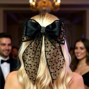 Elegant Black Embroidered Lace Oversized Hair Bow, Handmade & NWOT